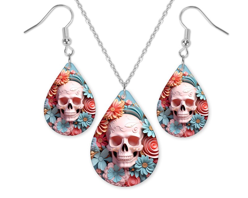 3D Teal and Pink Floral Skull Earrings or Necklace Set - Teardrop Earrings - Country Jewelry - Western Jewelry - Gift Set